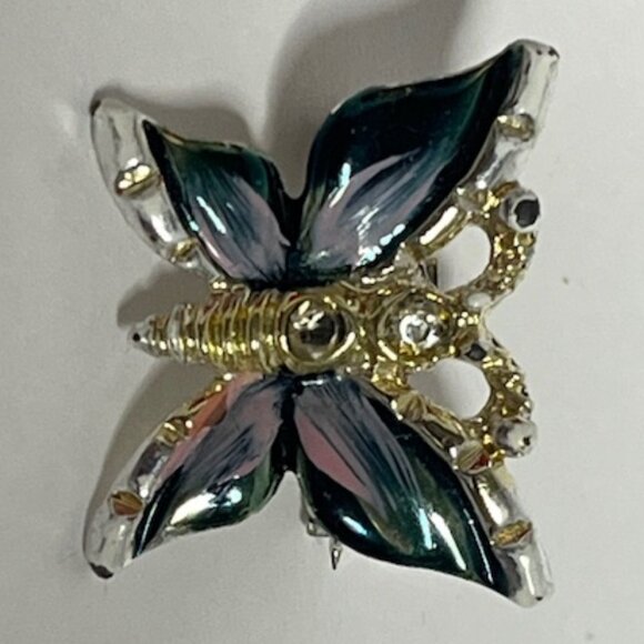 VTG Small Butterfly Brooch w/Dark Enamel Wings Rhinestones Silver-Tone .75" - Picture 2 of 7